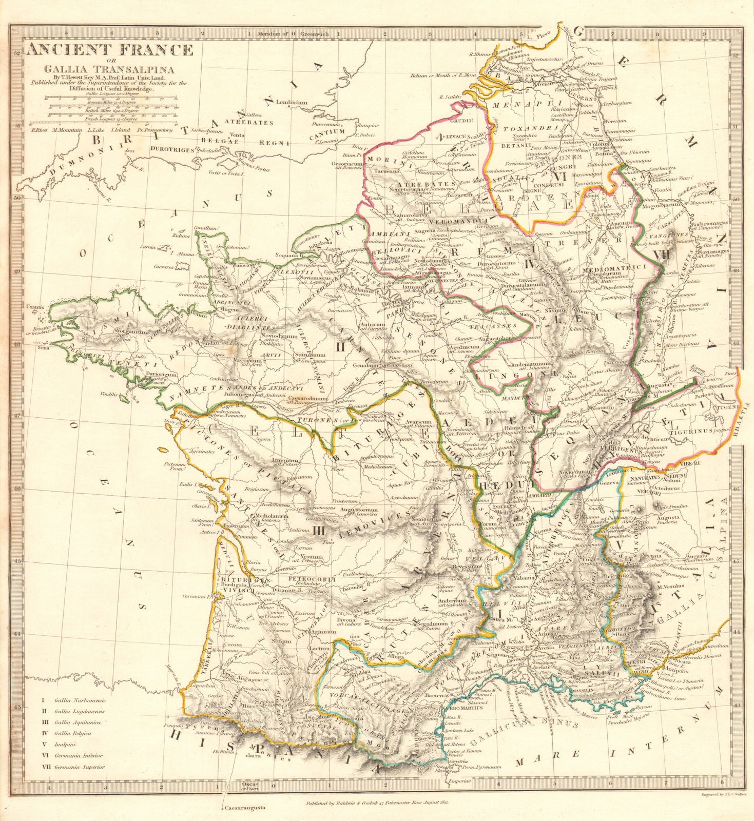 ANCIENT ROMAN FRANCE GAUL. Gallia Transalpina. Roman names roads.SDUK 1848 map